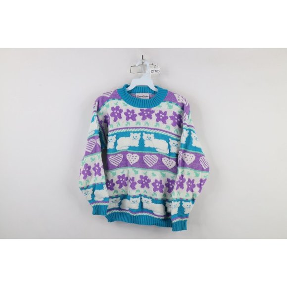 Vintage 80s 90s Womens XS Fairy Kei Kawaii Heart Cat Flower Knit Sweater USA